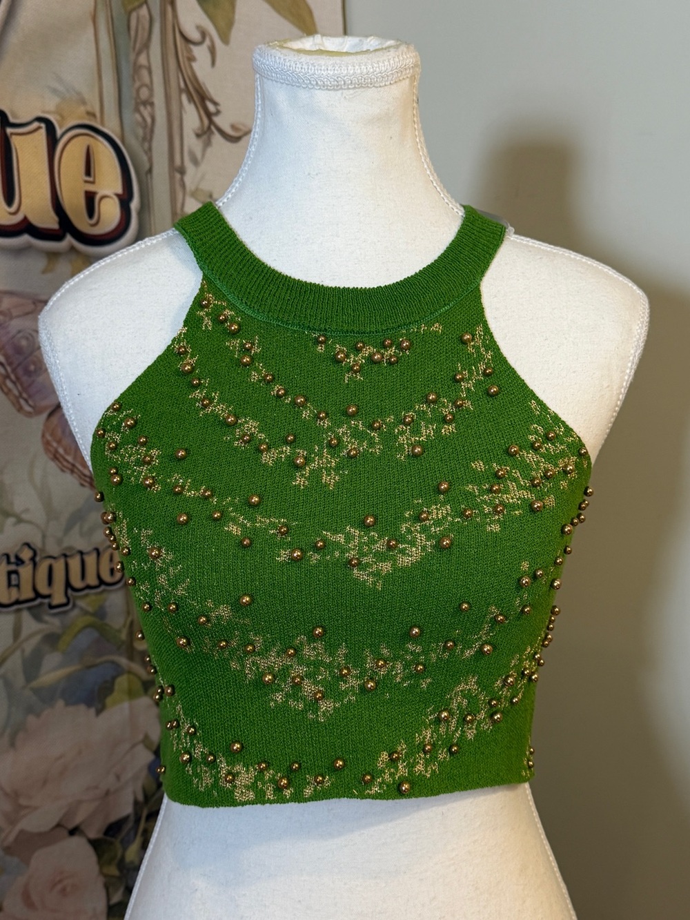 Green Beaded Halter Crop Top - Stylish Women's Knit Tank